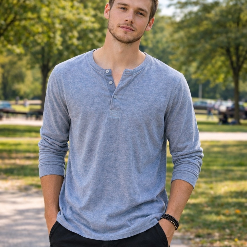 Gray Long-Sleeve Henley Shirt - Picture 1 of 13
